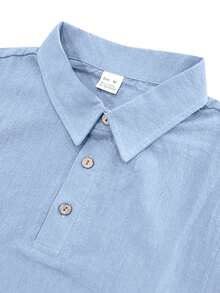 American Style New Summer Men's Loose Casual Linen Breathable Beach POLO Shirt Short Sleeve Shorts 2pcs Set - Baby Blue - View 5