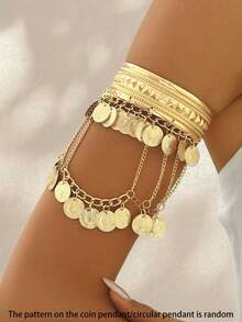 1pc Gold Metal Elegant Geometric Round Tassel Multi-Layer Arm Cuff, Women's Upper Arm Jewelry, Arm Band, Bohemian Style Fashion Accessory - Multicolor - View 1