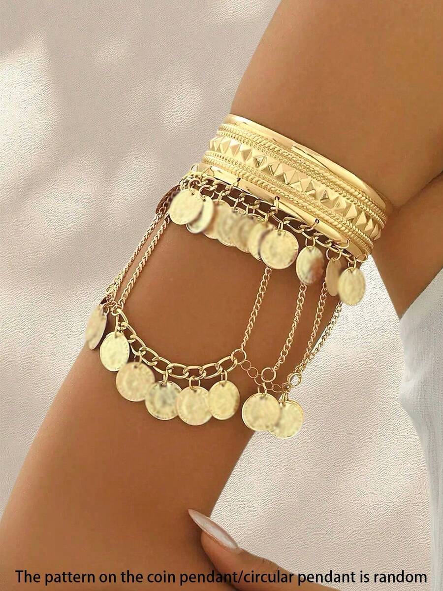 1pc Gold Metal Elegant Geometric Round Tassel Multi-Layer Arm Cuff, Women's Upper Arm Jewelry, Arm Band, Bohemian Style Fashion Accessory - Multicolor - View 1