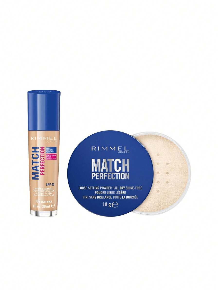[حزمة] كريم أساس Match Perfection بلون نود فاتح 102 دافئ 30 مل + بودرة تثبيت سائبة Rimmel Match Perfection، 001 شفافة - 102 لون نيود فاتح دافئ + 001 شفاف - مشاهدة 1