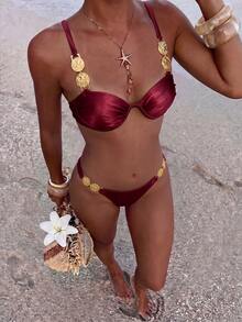 Bikinx Women's Solid Color Gold Decor Shoulder Strap Bikini Set Set, Underwire Style With Back Tie Design, Suitable For Beach Vacation Summer - Burgundy - View 2