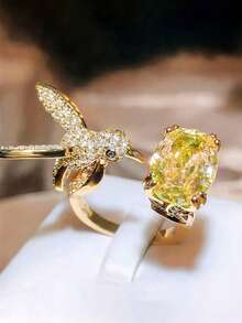 1pc Cute Cubic Zirconia Ring For Women, Wedding Engagement Party Jewelry, Valentine's Day Gift - Golden Yellow + Yellow - View 3