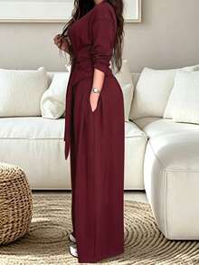 Fall Women's Solid-Color Casual Set: Round-Neck Long-Sleeve Top With Elastic Waistband And Pockets, Wide-Leg Pants (Two Pieces Set) - Burgundy - View 4