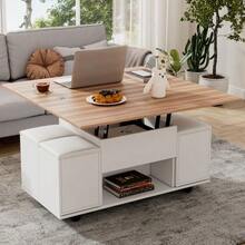 Height-Adjustable Coffee Table, 3-In-1 Multifunctional Table, Living Room Table With Storage, Convertible To Living Room Dining Table, Work Table With Wheels And 4 Stools, 100x50x48 Cm, White + Wood Tone - 自然色 - 查看 3