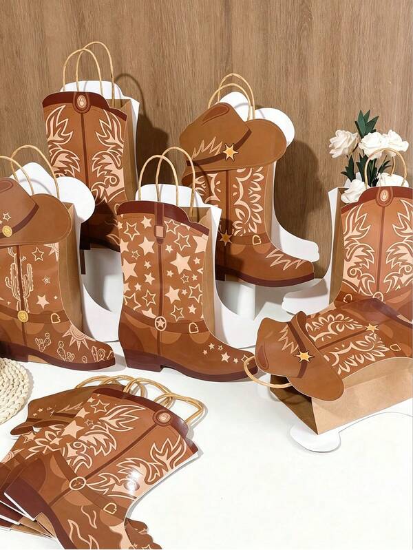 4/8/16Pcs Western Cowboy Boot & Hat Gift Bags With Handles, Rodeo Theme Kraft Paper Favor Bags, Wild West Party Decorations For Birthday, Bachelorette Party And Celebration Events,Mixed Colors, DIY Western-Themed Designs, Cowboy Hat
