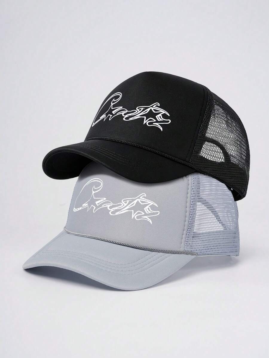 1pc Star Graffiti Embroidered Foam Front Mesh Back Trucker Hat, Dual-Tone Breathable Summer Dad Cap - A - View 1