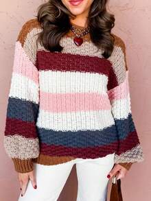 Acelitt Women's Striped Colorblock Pullover Sweater, Long Sleeve Knit Top With Ribbed Trim, Suitable For Spring And Autumn - Multicolor - View 3