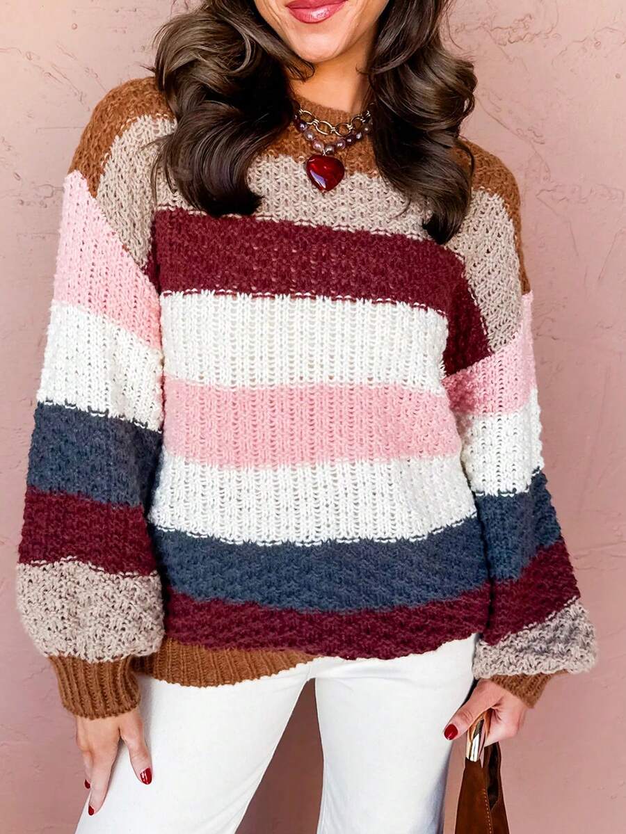 Acelitt Women's Striped Colorblock Pullover Sweater, Long Sleeve Knit Top With Ribbed Trim, Suitable For Spring And Autumn - Multicolor - View 1