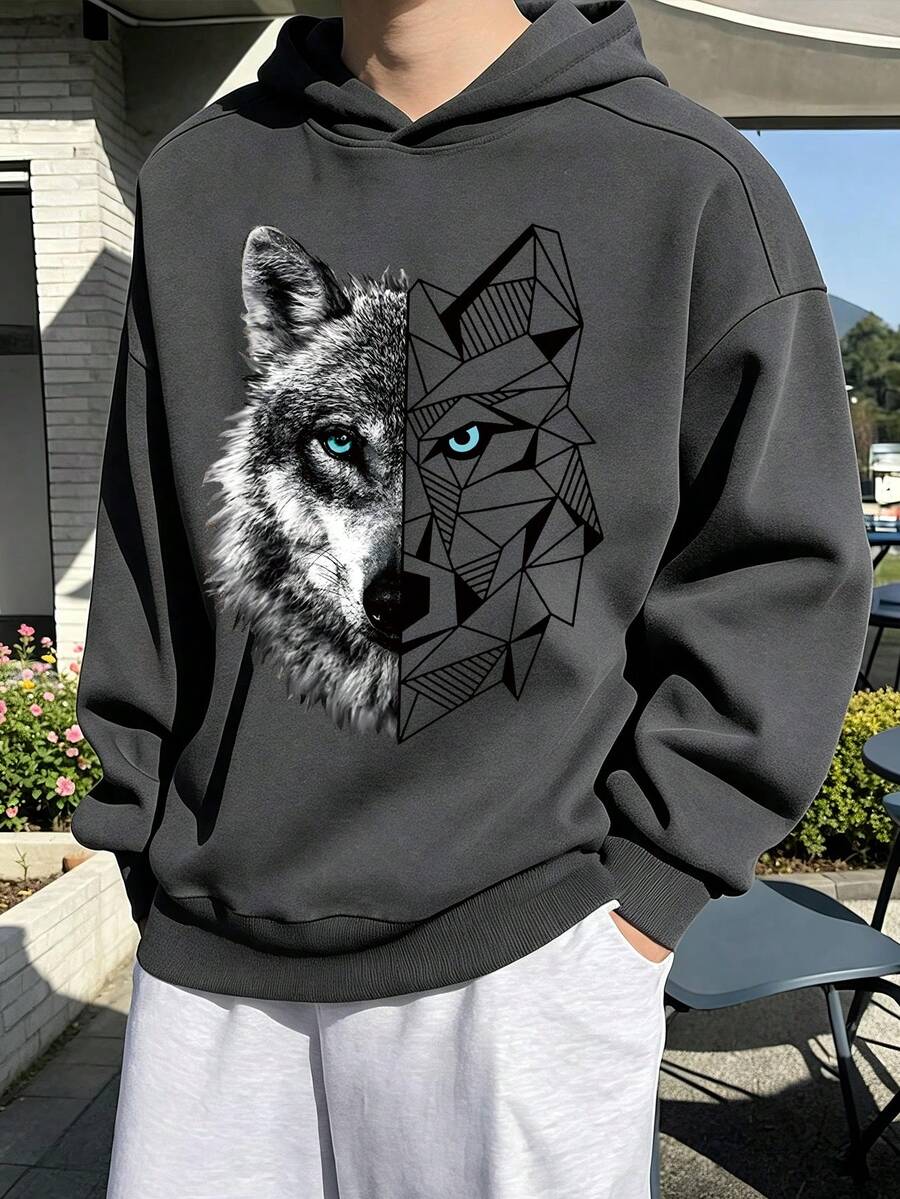 Casual Minimalist Wolf Head Print Long Sleeve Hooded Loose Fit Sweatshirt, Suitable For Autumn/Winter Wear, Teen Boys Style - Dark Grey - View 1
