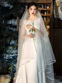 1pc Double Layer Hemmed White Bridal Veil With Comb, Multiple Sizes Available, Wedding Accessory For Wedding Dress, Pre-Wedding Photography, Travel Wedding, Party, Cosplay, Photoshoot, Create Atmospheric Bridal Look - White - View 11