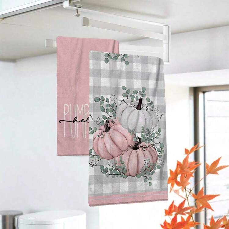 2/4/48pcs Autumn Series Pink Pumpkin Buffalo Plaid Pattern Printed Kitchen Towels - Super Soft, Highly Absorbent Polyester Dishcloths And Hand Towels, Perfect For Holiday Decor, Kitchen Decor, Party Decor - Multicolor - View 4