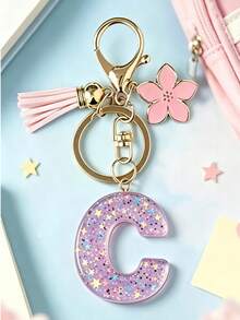 1pc Pink Glitter Letter Car Interior Hanging Ornament Phone Decoration Keychain, Cherry Blossom Tassel Flower Pendant, Suitable For Student Backpack, Holiday Gift For Friends, Valentine's Day, Halloween, Thanksgiving, Applicable To Any Occasion - Style C - View 6
