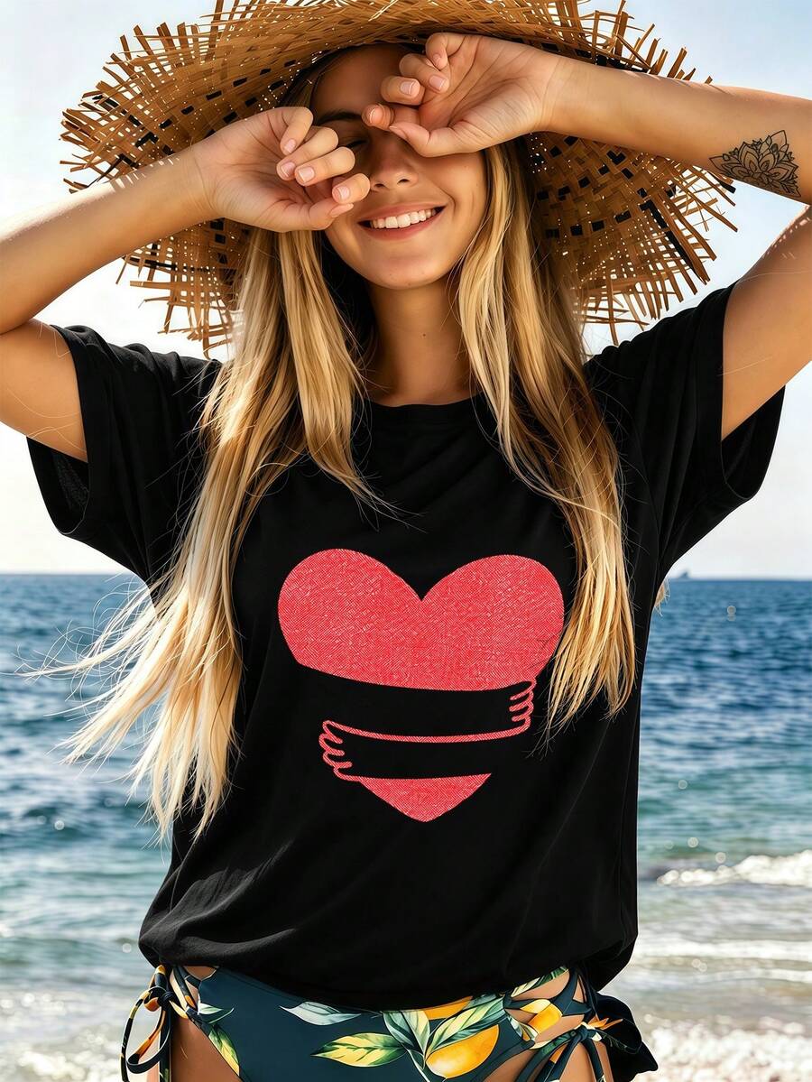 Heart Print T-Shirt, Quality Fabric, Comfortable And Relaxed Fit, Casual, With Unique Graphic Print. - Black - View 1