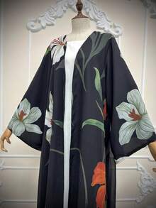 Hafizah New Women Printed Cardigan Jacket, Fashionable Abaya Robe With Headscarf Black Spring Fall - Black - View 8