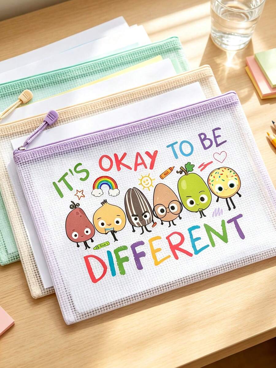 Teacher Gift "It's Okay To Be Different" Theme Zipper File Storage Bag, Macaron Color Toiletry Storage Bag, Waterproof PVC Travel Storage Bag/Transparent Zipper Pouch, Perfect For Daily Office Use, As A Thoughtful School Year Entry Gift, Or Short Trips. This Is An Excellent Gift For Birthdays, Back To School, Graduation, Christmas, Halloween, Spring Break, Easter, And Teacher's Day,Travel Essential - Multicolor - View 1
