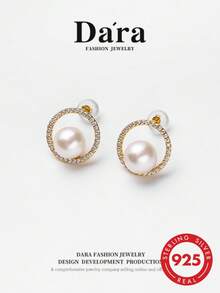 DARA Freshwater Pearl Stud Earrings S925 Silver 7-8mm Near Round Pearl Double Hoop Design Luxury Dating Holiday Accessory - Double Ring Style - View 1