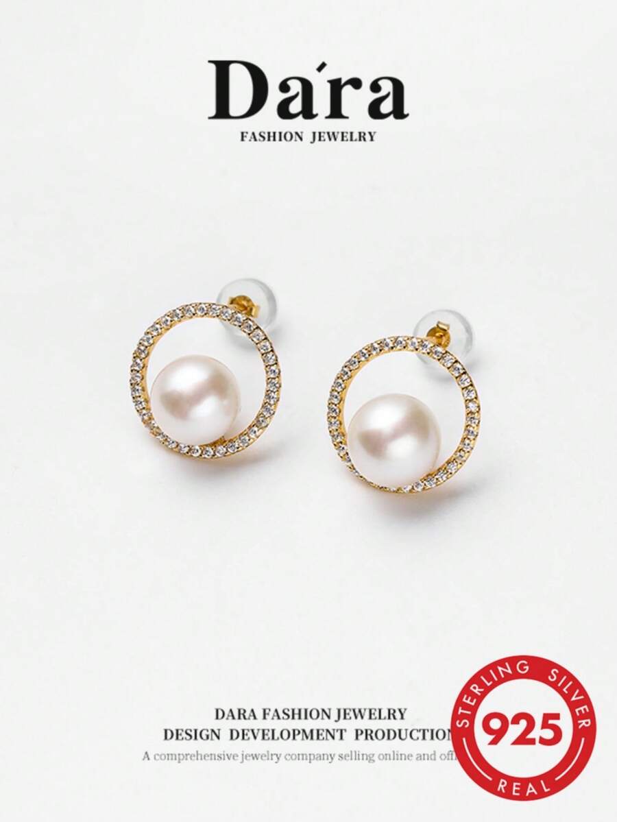 DARA Freshwater Pearl Stud Earrings S925 Silver 7-8mm Near Round Pearl Double Hoop Design Luxury Dating Holiday Accessory - Double Ring Style - View 1