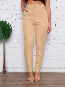 EMILI FASHION/Women's Clothing/ Pants/ Tailored/ With Pockets/ With Button And Zipper/ Pleated. - 杏色 - 查看 1