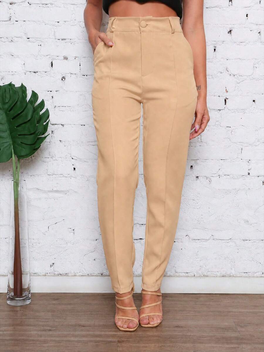 EMILI FASHION/Women's Clothing/ Pants/ Tailored/ With Pockets/ With Button And Zipper/ Pleated. - 杏色 - 查看 1
