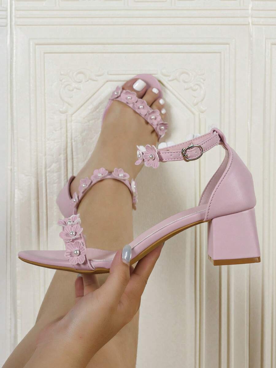 Women's Plus Size Wide Toe Box 3D Floral Pearl Decor Solid Color Open Toe Double Ankle Strap Tie-Up Chunky Square Heel Sandals, Fresh Sweet Style, Summer Date Light Blue - Baby Pink - View 1