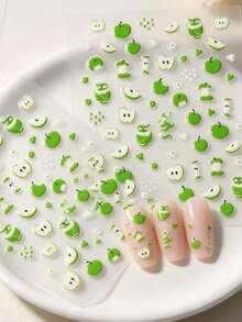 2 Sheets 5D Cute Apple For Nail Stickers - Spring And Summer Cartoon Fruit Design, Sweet Charm, Self-Adhesive Plastic Decals, Suitable For Nail Art, Odorless, Single Use, Fruit Decoration - Green - View 3