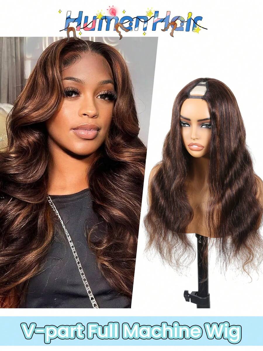 Ombre Dark Brown V Part Raw Human Hair Glueless Wig Loose Body Wave V-Part Full Machine Wig 180% Density V Shape Clip In Half Wig For Women Beginner Friendly - S3/30 - View 1