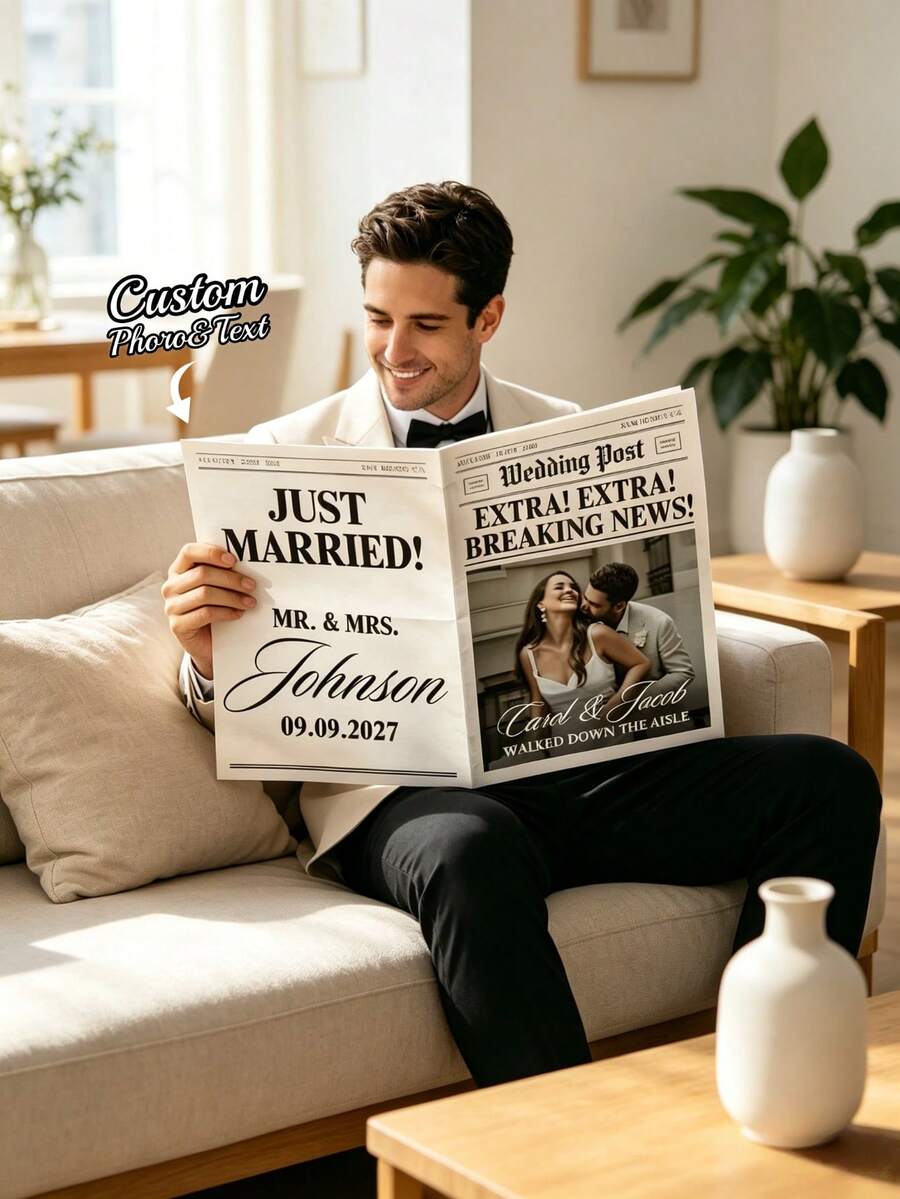 1Pc Custom Wedding Newspaper Poster,Personalized Photo & Text Print, Save The Date Announcement, Custom Wedding Gift, Custom Newspaper, Wedding Keepsake, Engagement Bridal Shower Decor, Wedding Decor, Home Display, Special Occasions