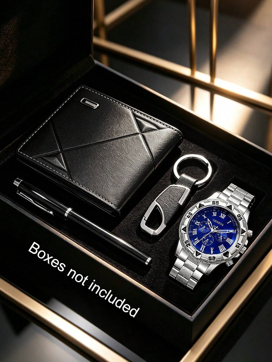 4pcs Men's Watch Set: Pen, Embossed Watch, Keychain, Stainless Steel Material, Business Fashion, Gift, Daily Wear - Silver - View 1