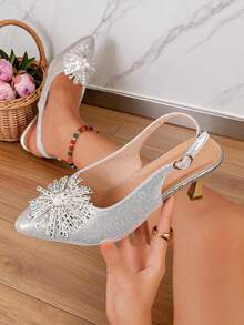 1 Pair Women Silver Glitter Slingback Heels, Rhinestone Firework Decor Pointed Toe Mid Heel Buckle High Heel Shoes - Silver - View 2