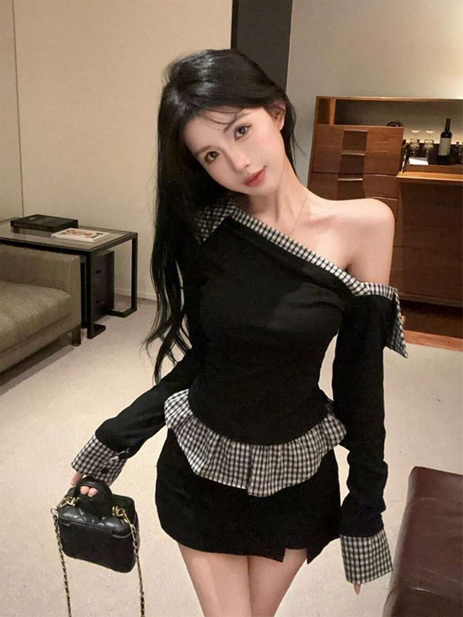 Women's 2-In-1 Plaid Asymmetric Shoulder Long Sleeve T-Shirt, Asymmetrical Neck Top, Base Layer - Black - View 1