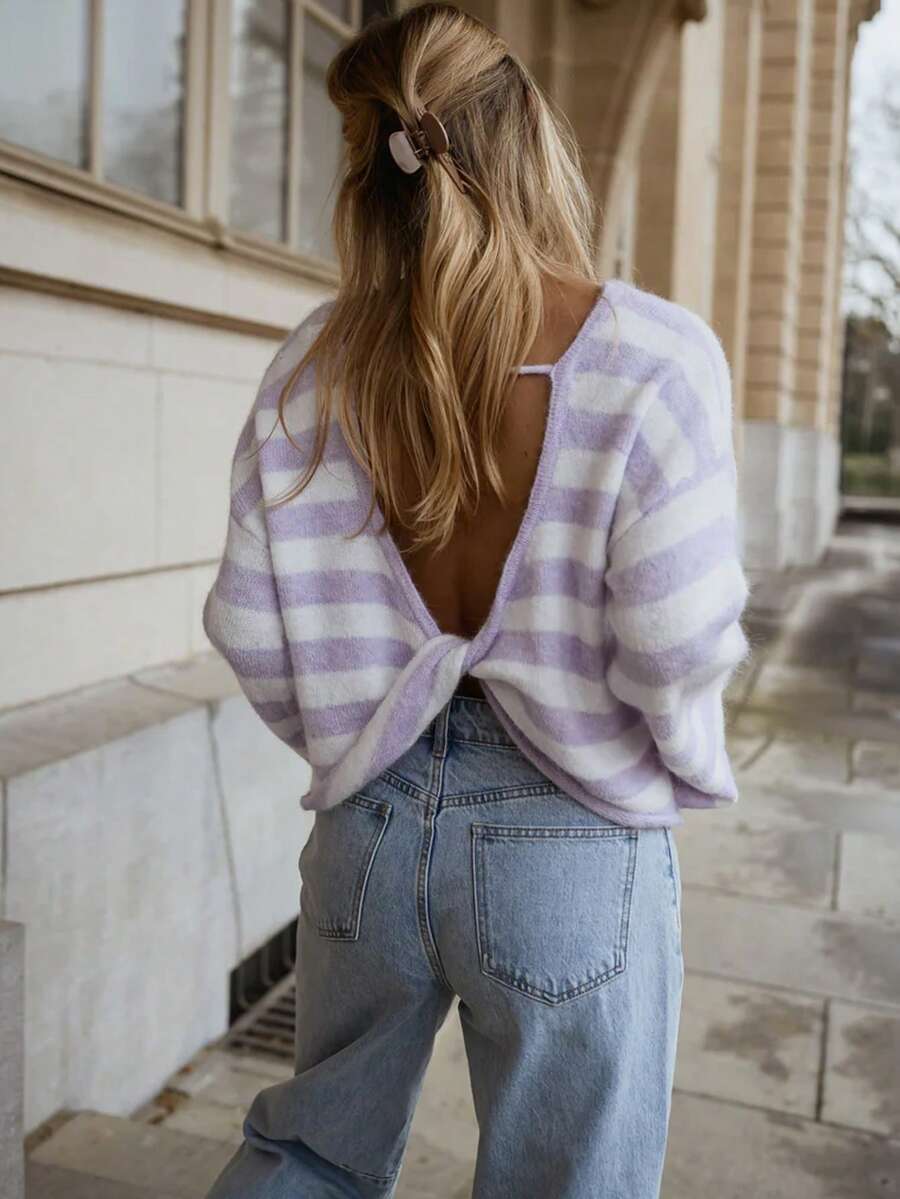 Women's Knitted Striped Long Sleeve Backless Pullover Sweater, Suitable For Autumn And Spring - Mauve Purple - View 1