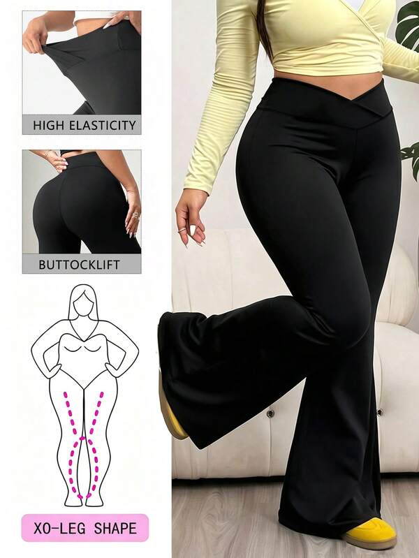 Pantalones acampanados de cintura alta casuales negros para mujer talla grande
