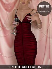 Soulscape Women's Petite Sexy Valentine's Day Backless Spaghetti Strap V-Neck Mesh Ruched Midi Dress Elegant - Red and Black - View 2