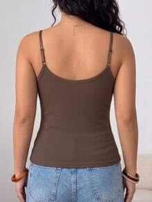 Plus Size Ribbed Lace V-Neck Tank Top, Adjustable Strap Cami, Soft Fabric, Versatile Camisole For Back To School Daily Wear & Under Outfits - Coffee Brown - View 2