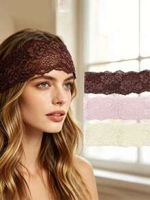 3pcs Women's European & American Style Solid Color Embroidered Lace Elegant Fashion Breathable Comfortable Lightweight Decorative Headbands, Suitable For Daily Commute, Outfit Matching, Shopping, Travel, Photography, Exquisite Gift For Best Friends - Rice Flour Brown Three-piece Set - View 1