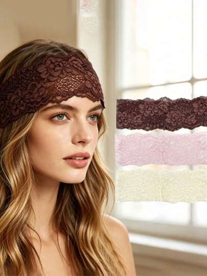 3pcs Women's European & American Style Solid Color Embroidered Lace Elegant Fashion Breathable Comfortable Lightweight Decorative Headbands, Suitable For Daily Commute, Outfit Matching, Shopping, Travel, Photography, Exquisite Gift For Best Friends