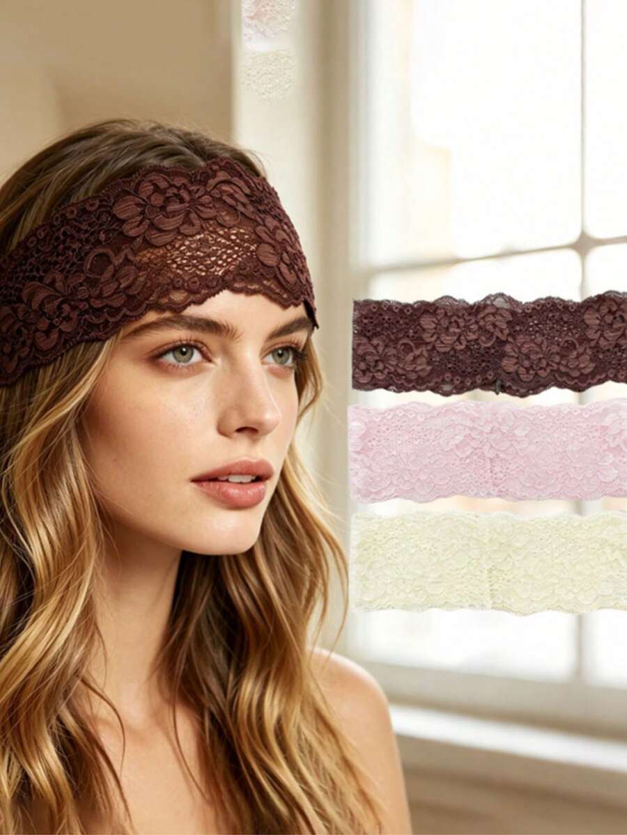 3pcs Women's European & American Style Solid Color Embroidered Lace Elegant Fashion Breathable Comfortable Lightweight Decorative Headbands, Suitable For Daily Commute, Outfit Matching, Shopping, Travel, Photography, Exquisite Gift For Best Friends - Rice Flour Brown Three-piece Set - View 1