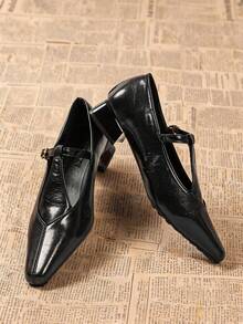 Fashion Pointed Toe Chunky Heel Women's High Heel Pumps, All-Season Versatile Buckle Low Heel Shoes - Black - View 10