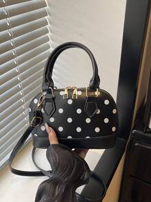 White Polka Dot Mini Shell Handbag, Contrast Color Base, Top Handle, Detachable Adjustable Crossbody Strap, Zipper Closure, Vintage Women's Daily Date Shoulder Bag - Black - View 5