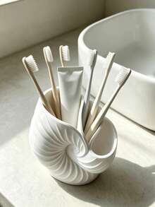 1pc Seashell Toothbrush Holder, Toothpaste Storage Rack, Plastic Organizer, Creative Minimalist, 3-Compartment Design, Suitable For Bathroom Sink Storage, Countertop Toothpaste And Razor Storage, Home Toiletries Organization, Wedding Season Graduation Season Back To School Season Gift, Dorm Storage, Decorative Ornament, Home Decor - Multiple Styles - View 2