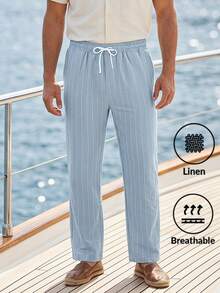 Linen Summer Beach Pants, Drawstring Vertical Striped Straight Leg Comfortable Breathable Casual Trousers For Men - Baby Blue - View 1