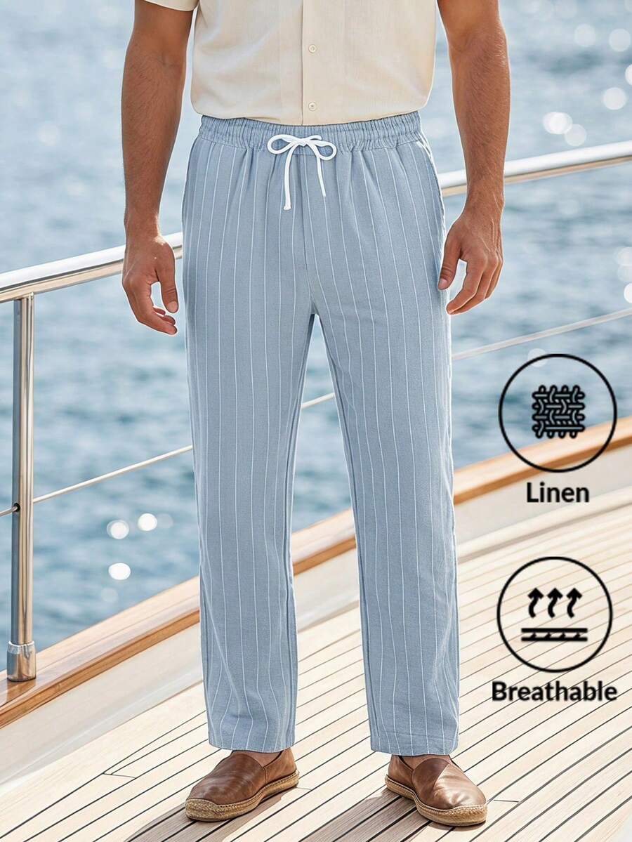Linen Summer Beach Pants, Drawstring Vertical Striped Straight Leg Comfortable Breathable Casual Trousers For Men - Baby Blue - View 1