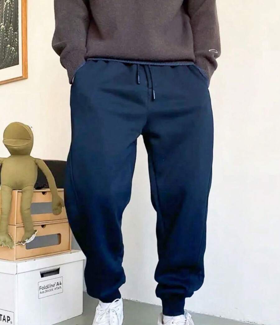Men's Slim Fit Jogger Sweatpants With Pockets And Cuffs, Unisex, On - 藏蓝色 - 查看 1