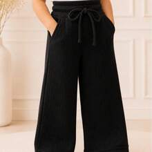 Blogueirinha Children's Wide Leg Pants In Ribbed Cotton Fabric With Pocket, Comfortable And Soft - Negro - Ver 1