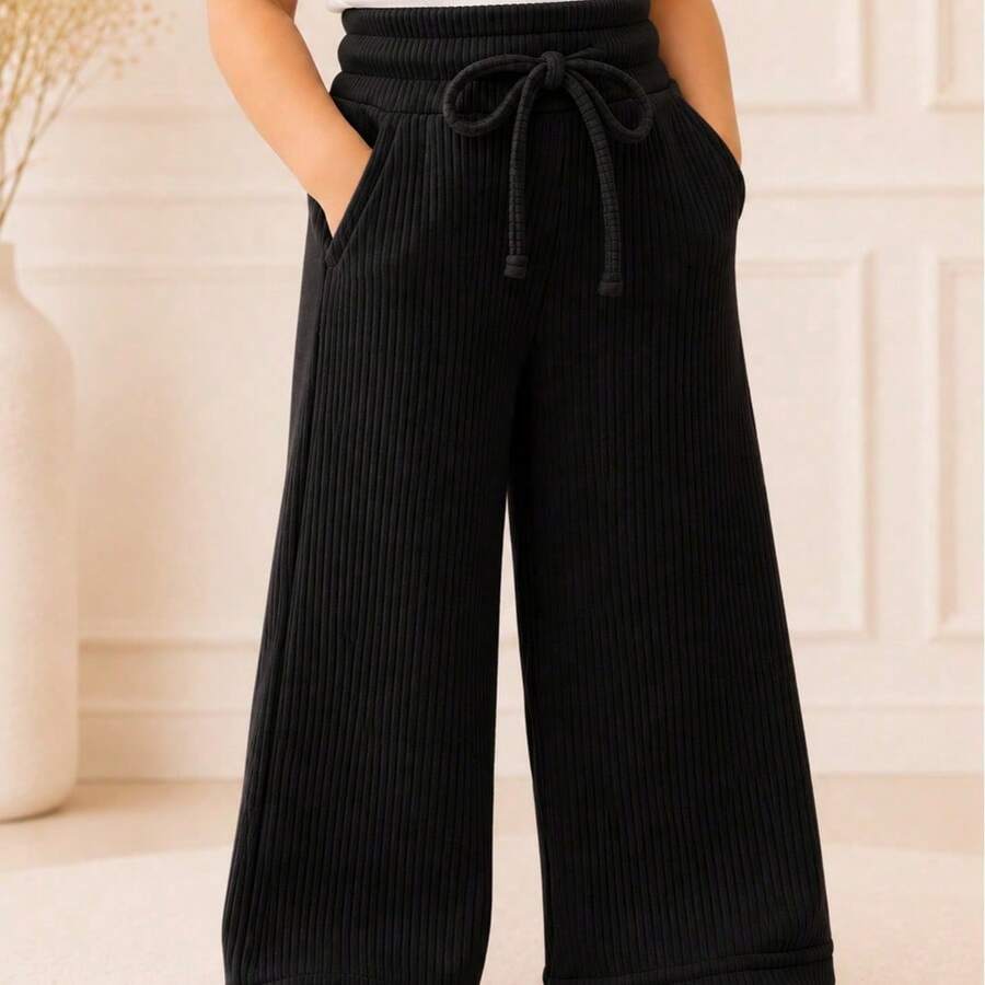 Blogueirinha Children's Wide Leg Pants In Ribbed Cotton Fabric With Pocket, Comfortable And Soft - Negro - Ver 1