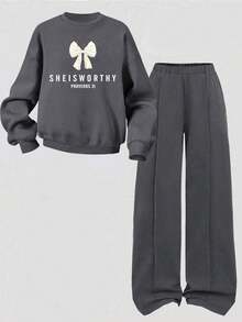 Young Girl Letter Graphic Print Crew Neck Sweatshirt And Sweatpants Casual Set - Dark Grey - View 2