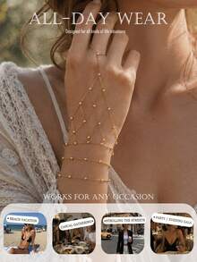 2pcs Gold Bead Mesh Finger Chain Bracelet Set, Exquisite Small Gold Bead Mesh Finger Jewelry, Multi-Layer Stackable Elegant Thin Bracelet Hand Accessory Set For Women - Mesh - View 4