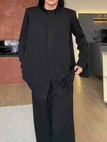 Women's Casual Elegant Round Neck Long Sleeve Button-Front Top + Loose Wide Leg Pants + Long Apron 3-Piece Set, Solid Color Front Button Tie Closure, Commute Daily Date - Black - View 10