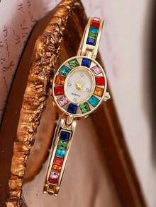 Reloj de mujer ovalado con strass de colores, brazalete de tono dorado con gemas arcoíris, reloj de cuarzo, regalo de cumpleaños, Navidad, Día de San Valentín, aniversario para ella - Dorado - Ver 3