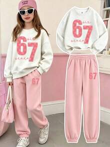 Teen Girls Minimalist "67" Print Loose Long Sleeve Crew Neck Sweatshirt + Sweatpants 2-Piece Set, Solid Color Crew Neck Sweatshirt, Suitable For Daily Wear, School, Music Festivals, Vacations, Commuting. - Light Grey - View 1